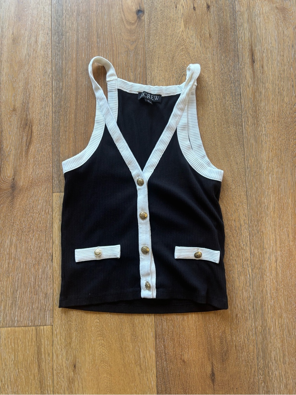 J. Crew Black Ribbed Tank with White Trim and Gold Buttons
